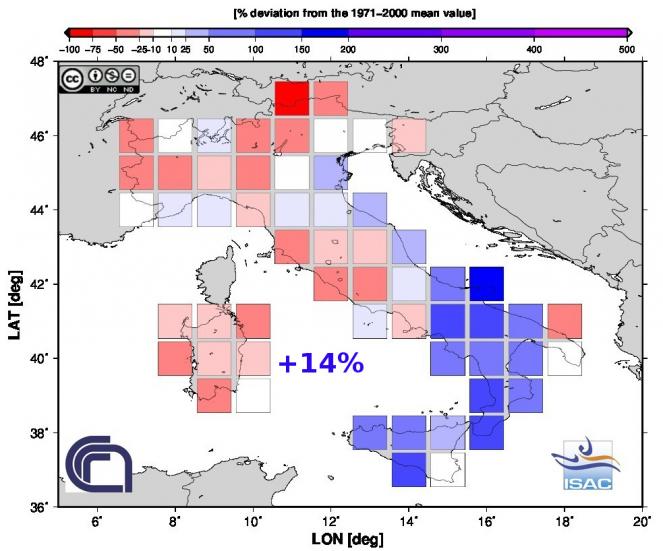 Scarti pluviometrici a Marzo 2016 in Italia (fonte Isac-Cnr)