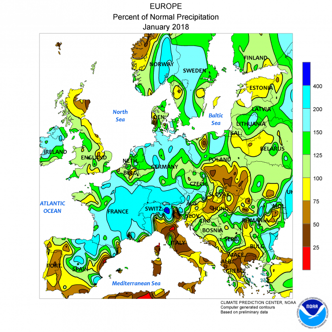 Scarti pluviometrici dalla media a Gennaio 2018 in Europa (fonte NOAA)