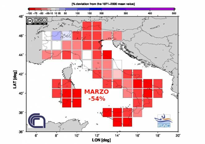 Scarti pluviometrici dalla media a Marzo 2017 in Italia