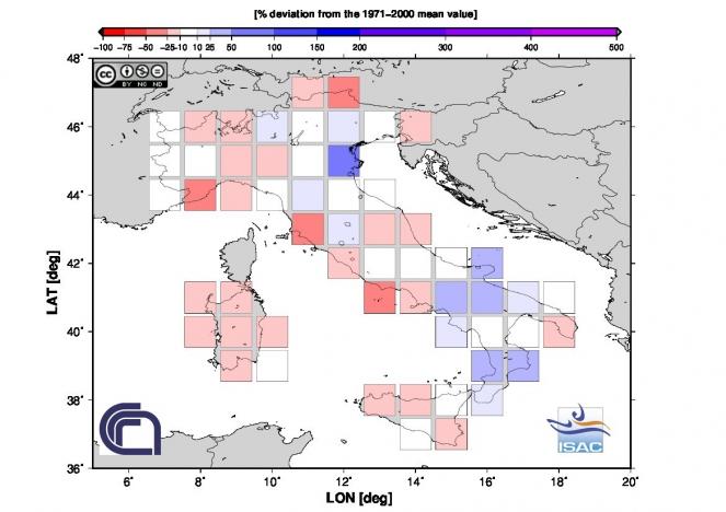 Scarti pluviometrici dalla norma nell'anno 2016 in Italia (fonte Isac-Cnr)