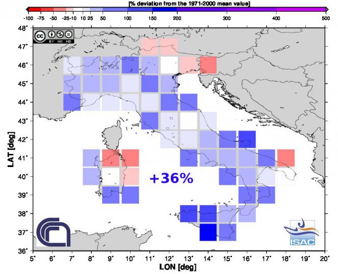 Scarti pluviometrici dell'Inverno 2014/2015 in Italia (fonte ISAC-CNR)