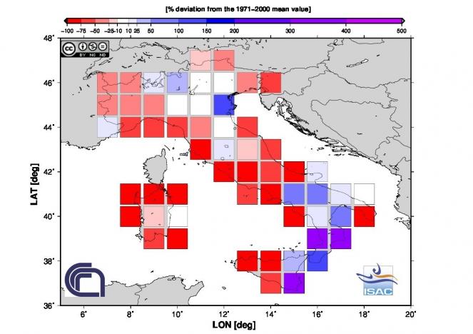 Scarti pluviometrici di Agosto 2016 in Italia (fonte Isac-Cnr)