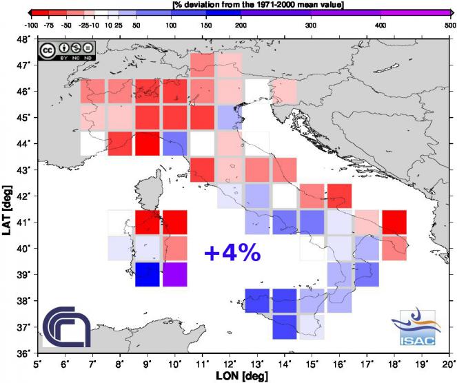 Scarti pluviometrici Estate 2015 in Italia (fonte Isac-Cnr)