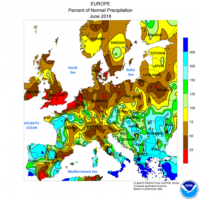 Scarti pluviometrici rispetto alla media 1971-2000 in Europa (fonte NOAA)