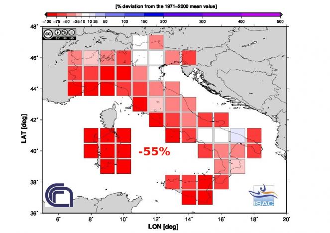 Scarti pluviometrici rispetto alla media ad Aprile 2016 in Italia (fonte Isac-Cnr)