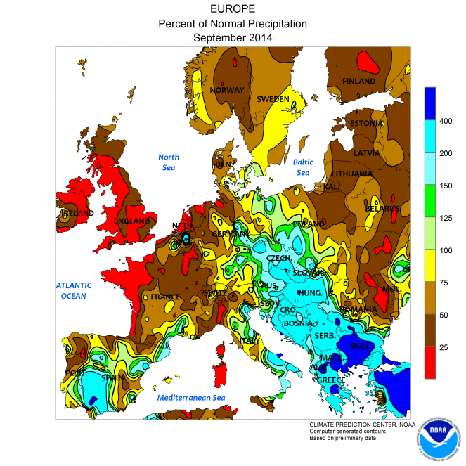 Scarti pluviometrici Settembre 2014 in Europa (fonte NOAA)