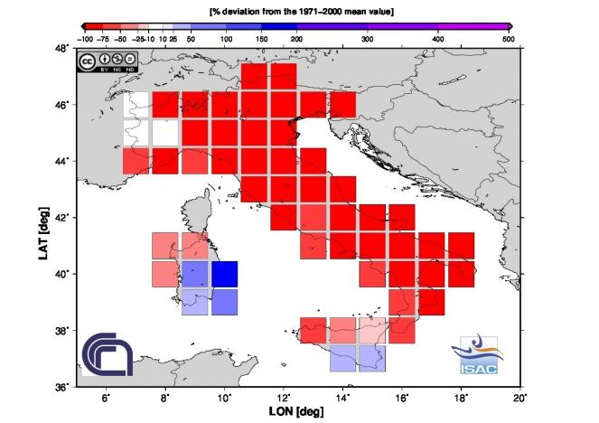 Scarti pluviometrici sull'Italia a Dicembre 2016 (fonte Isac-Cnr)