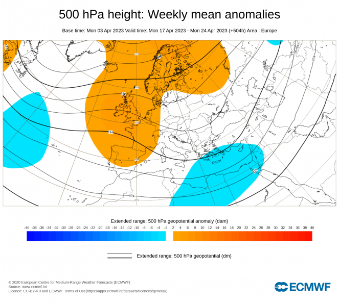 Scenario a 500 hPa atteso tra il 18 e il 25 Aprile (fonte ECMWF)
