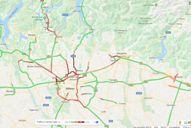 Situazione critica sulle strade tra milanesi e bergamasche. fonte google.maps. 