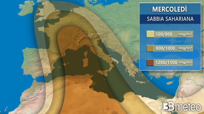 Stima accumuli di pulviscolo sahariano al suolo per mercoledì 1 maggio