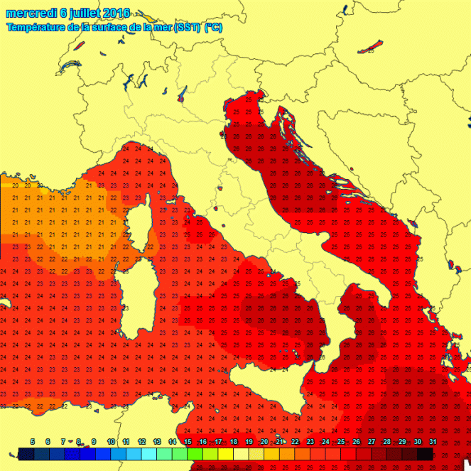 Temperatura dell'acqua del mare (fonte meteociel.fr)