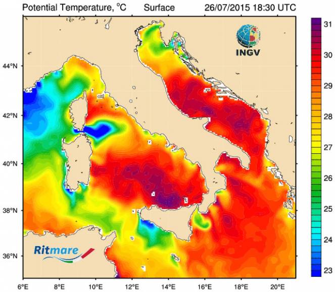 Temperatura della superficie marina attorno all'Italia