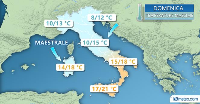 Temperature massime per la giornata di domenica: brusco calo termico soprattutto al Nord e sul medio-alto versante Adriatico