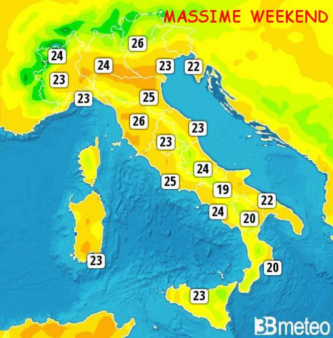 Temperature massime previste in Italia nel weekend