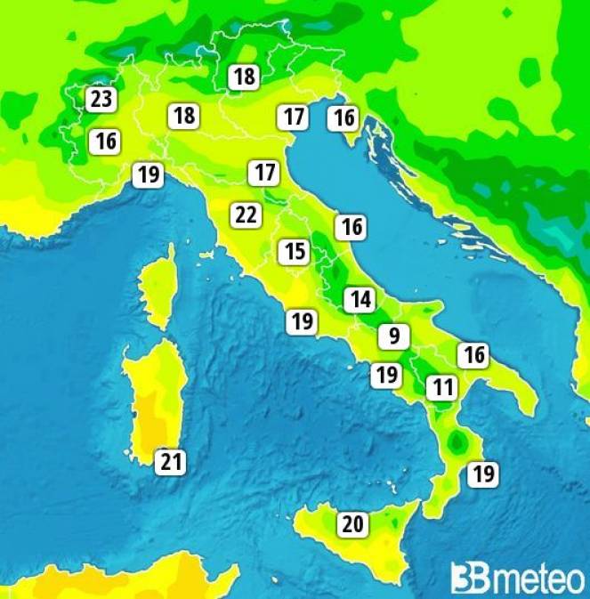 Temperature massime previste nella giornata di venerdì in Italia