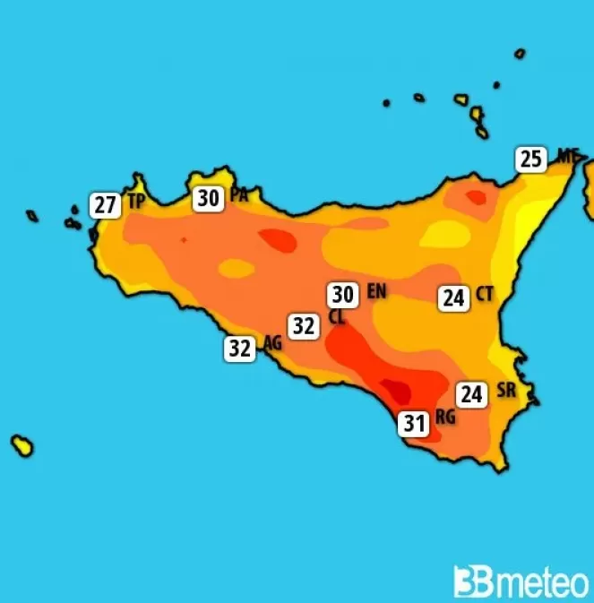 Temperature massime previste per giovedì 16 maggio in Sicilia