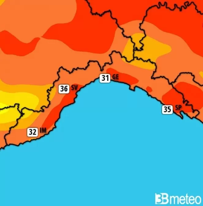 Temperature massime previste per giovedÃ¬ 18 luglio