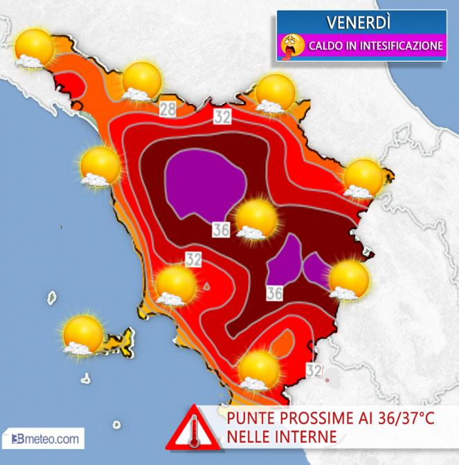 Temperature massime sulla Toscana previste per venerdì 14 giugno. 