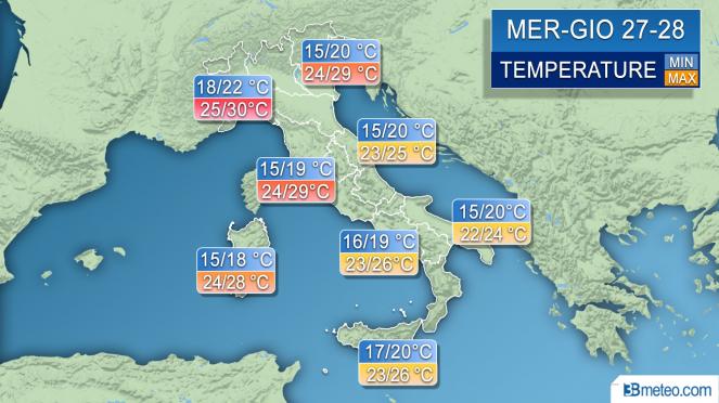 Temperature previste Martedì-Mercoledì 27-28 Giugno sull'Italia