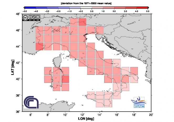 Temperature sopra la media su gran parte d'Italia. Fonte Isac-Cnr