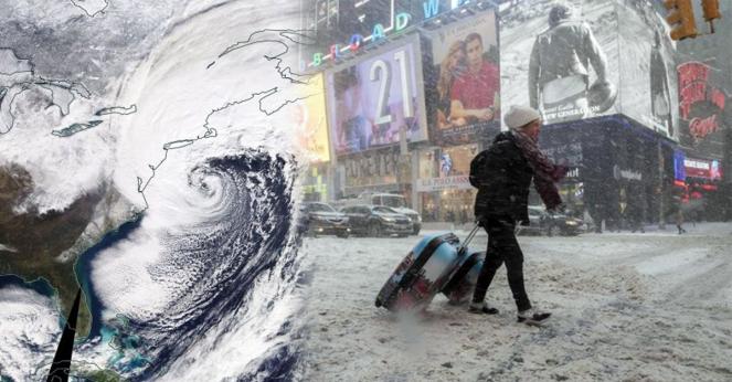 Tempeste di neve negli USA orientali: a sinistra il ciclone visto dal satellite ( NOAA), a destra la neve a Time Square (ANSA )