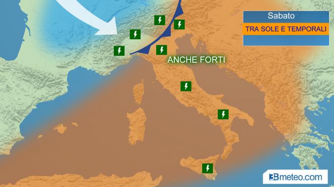 temporali in Italia sabato