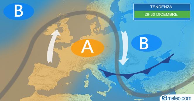 Tendenza meteo sull'Europa nel periodo 27-29 dicembre