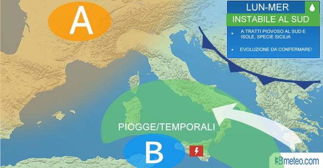 Tendenza meteo sull'Italia tra lunedì e mercoledì