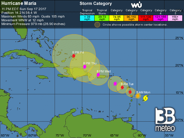 Traiettoria prevista dell'uragano Maria