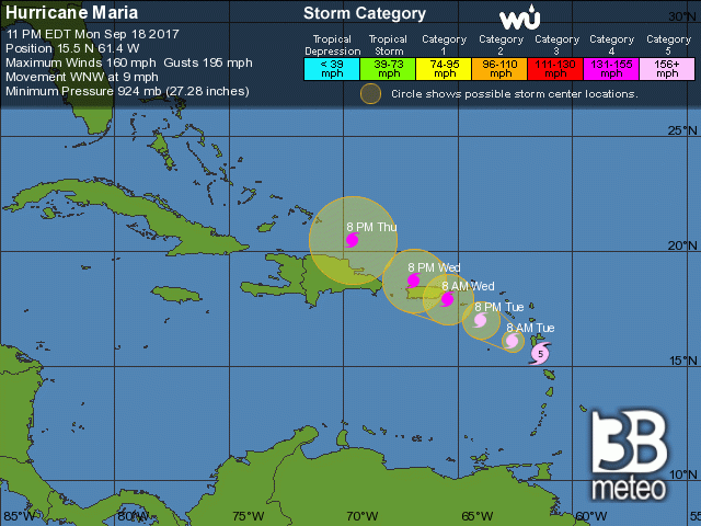 Traiettoria prevista dell'uragano Maria