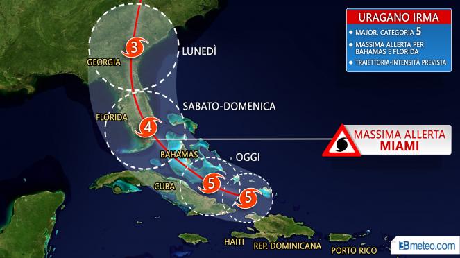 Traiettoria prevista di Irma: impatto quasi inevitabile per la Florida
