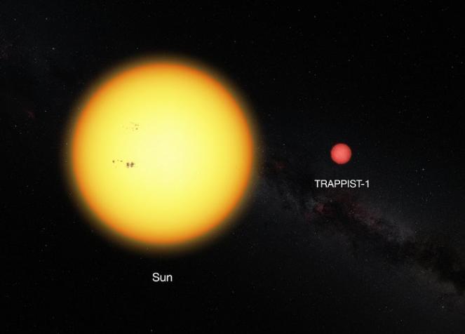Trappist-1 è molto più piccola e fredda del nostro Sole ed ha una colorazione rossa
