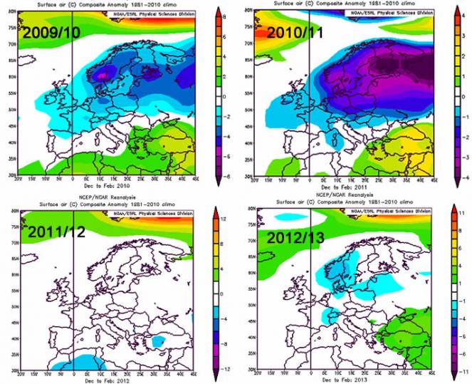 ultimi sei inverni in Europa: anomalie temp in superficie
