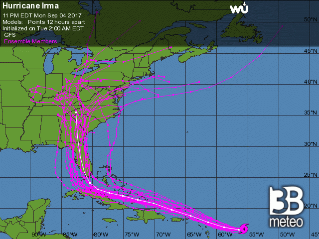 Uragano Irma: ensemble possibili traiettorie nel lungo termine