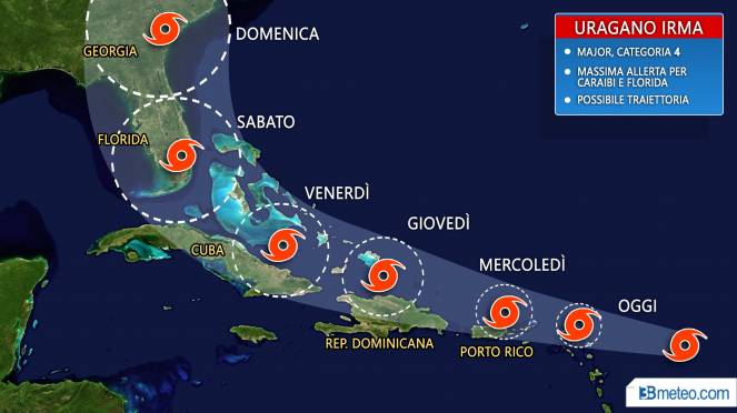 Uragano Irma: traiettoria prevista