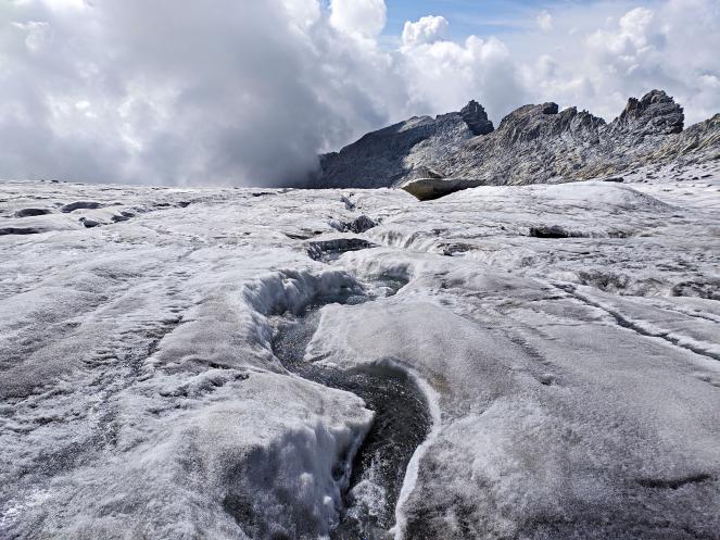 Vedretta di Nardis solcata da profonde Bédières, canali meandriformi scavati dall'abbondante acqua di ruscellamento sulla superfice del ghiacciaio. Agosto 2022