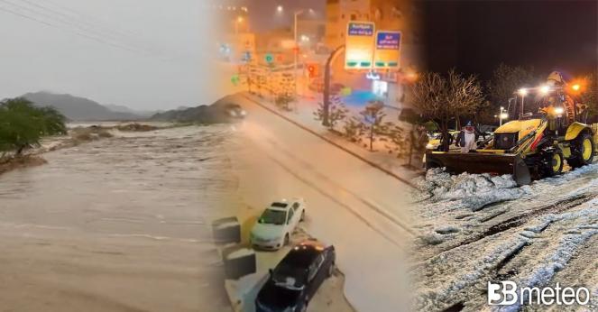 Violenta ondata di maltempo colpisce l'Arabia Saudita, freddo, alluvioni e grandine