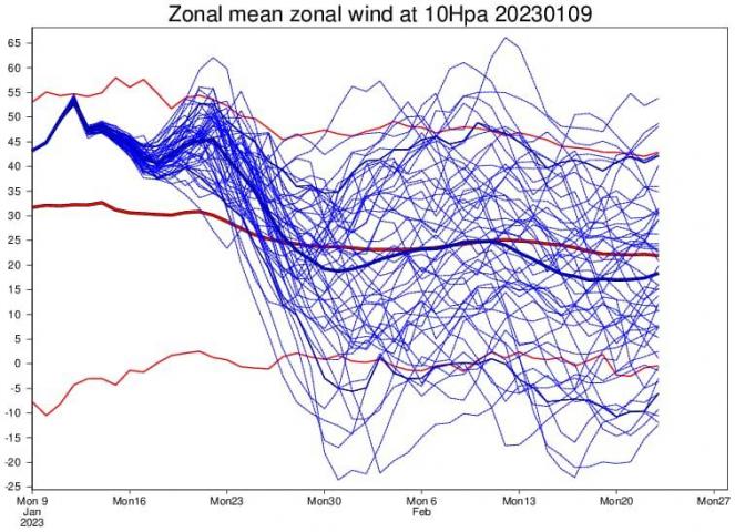 vortice polare stratosferico, venti a 10 hPa secondo Ecmwf