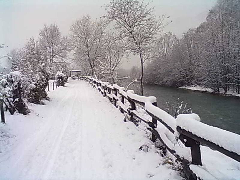 lungo il fiume con la neve