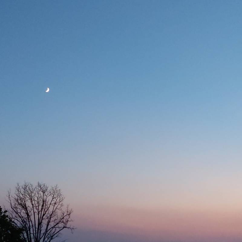 Tenue tramonto con giovane luna....